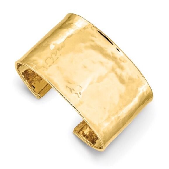 14K Yellow Gold Hammered Cuff Bangle – Wide 37mm, Solid, Made in Italy - Picture 1 of 7